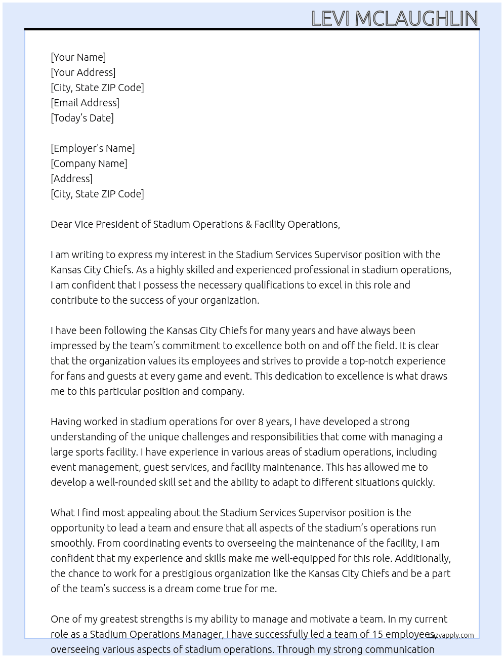 Stadium Operations - Stadium Services Supervisor At Kansas City Chiefs Cover Letter