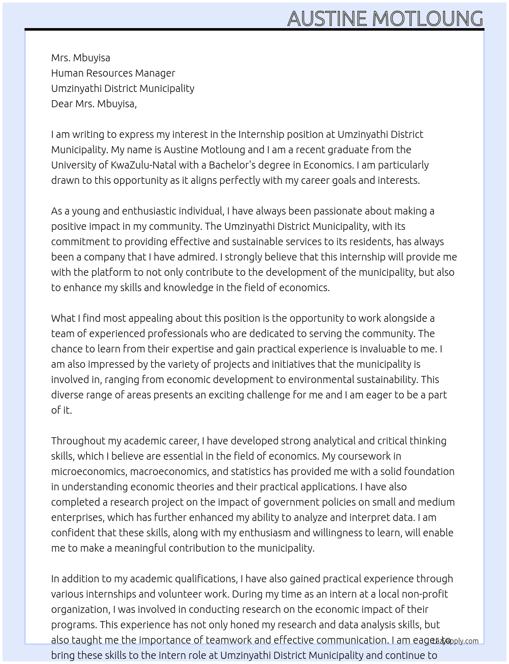 Internship At Umzinyathi District Municipality Cover Letter