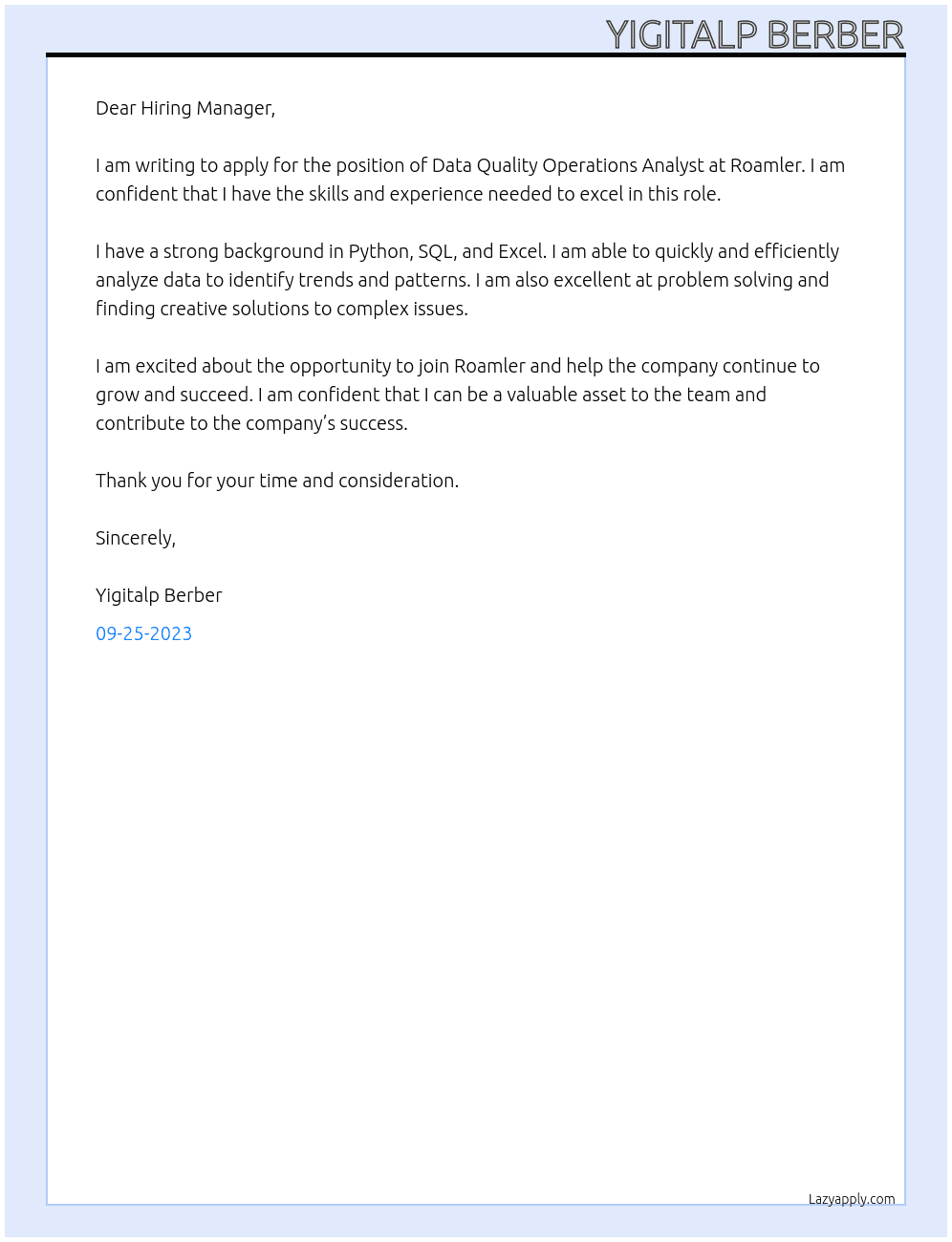 Data Quality Operations Analyst At roamler Cover Letter