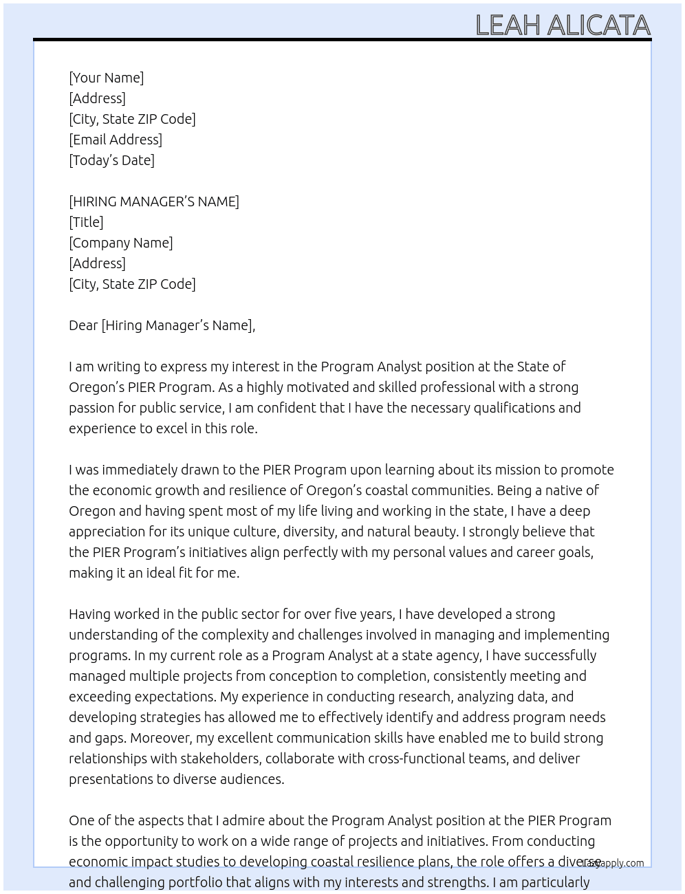 Program analyst At State of Oregon Cover Letter