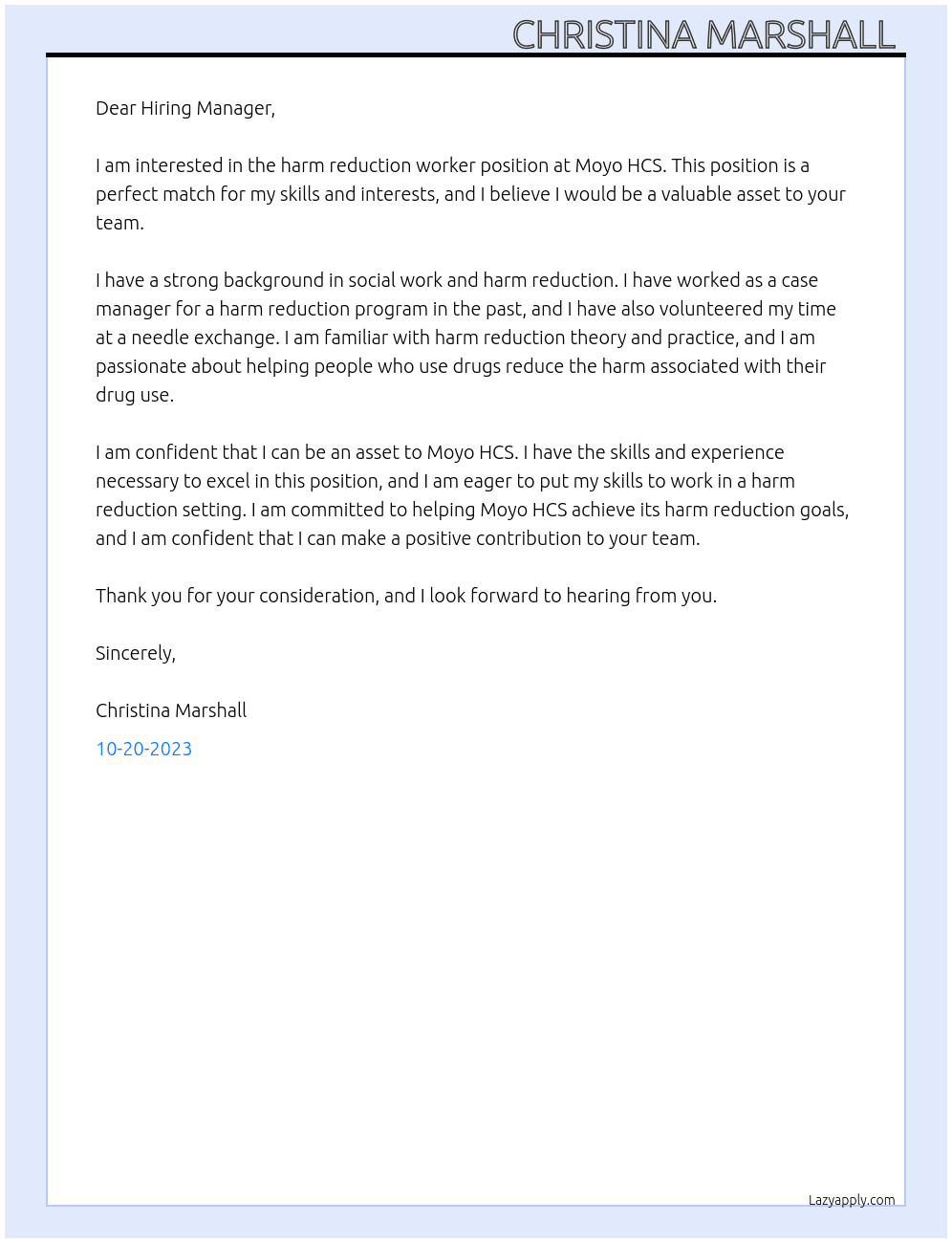 Harm reduction worker At Moyo HCS Cover Letter
