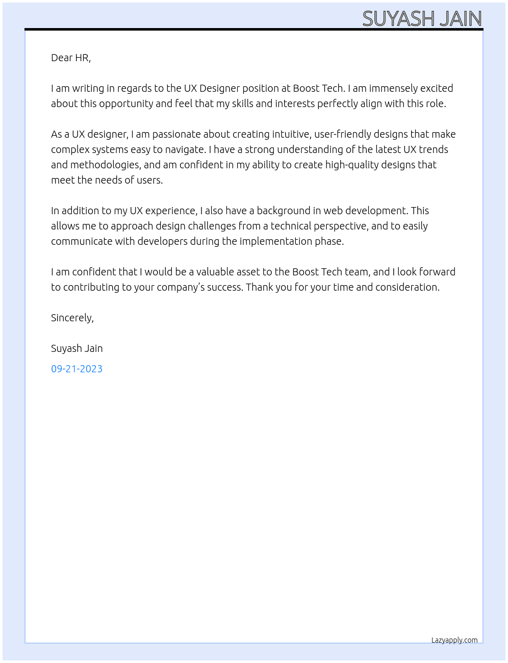 UX Designer At Boost Tech Cover Letter