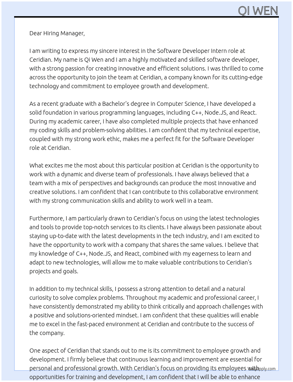 Software Developer At Ceridian Cover Letter