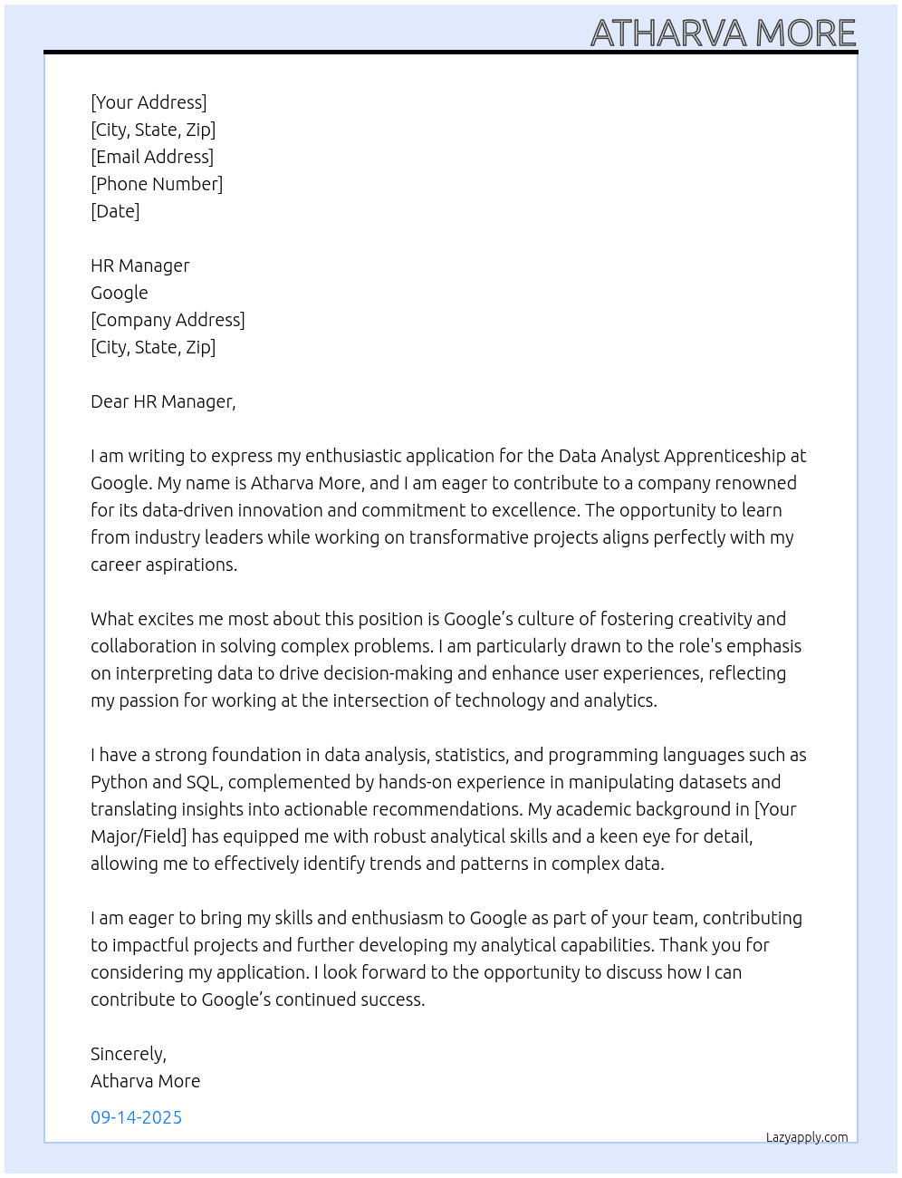 Cover letter for data analyst apprenticeship - LazyApply