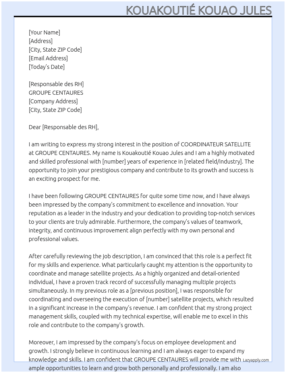 COORDINATEUR SATELLITE At GROUPE CENTAURES Cover Letter