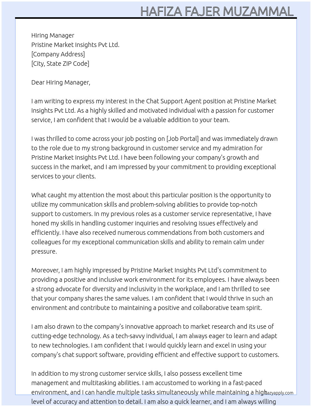 Chat Support Agent At Pristine Market Insights Pvt Ltd.  Cover Letter