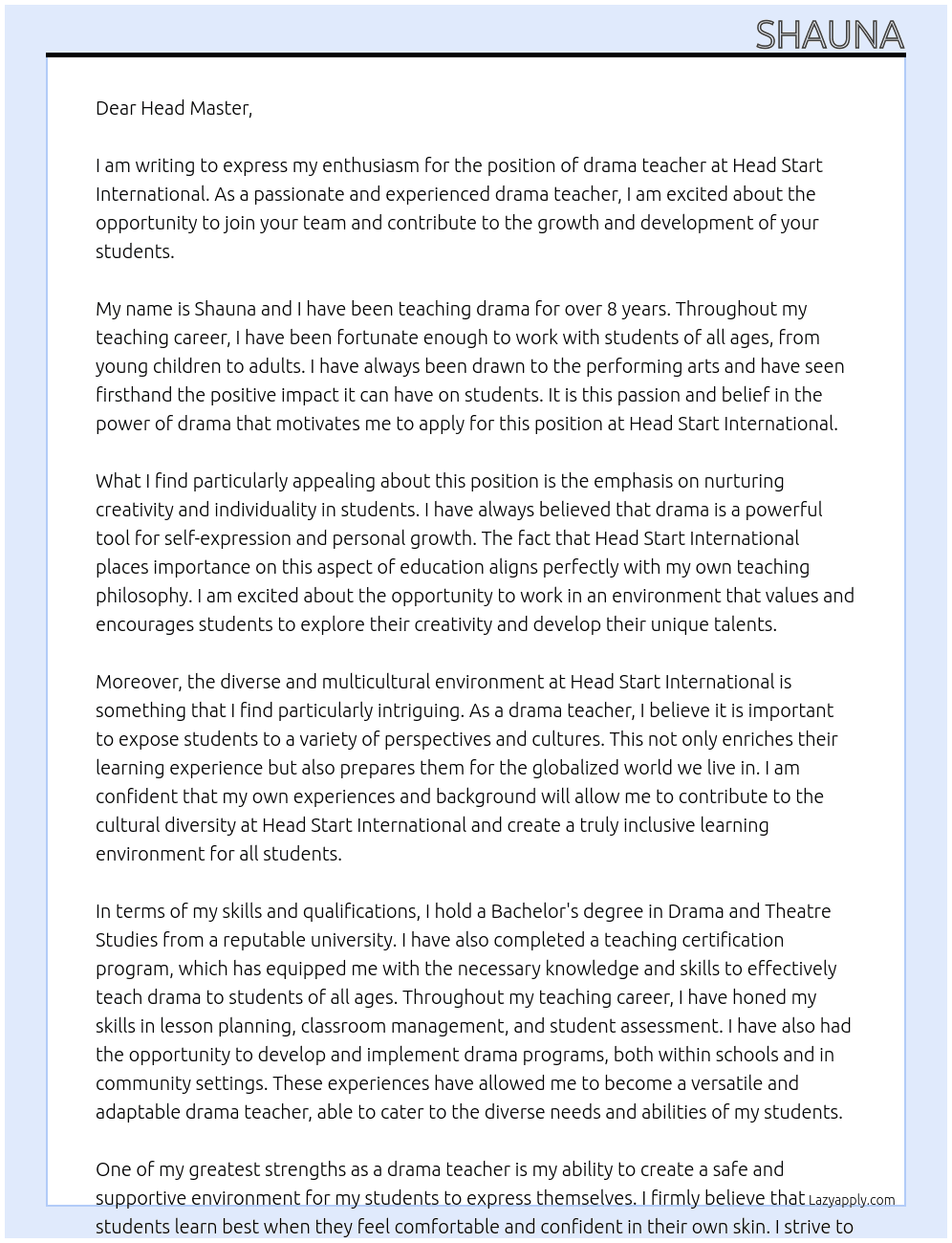 drama teacher  At head start international Cover Letter