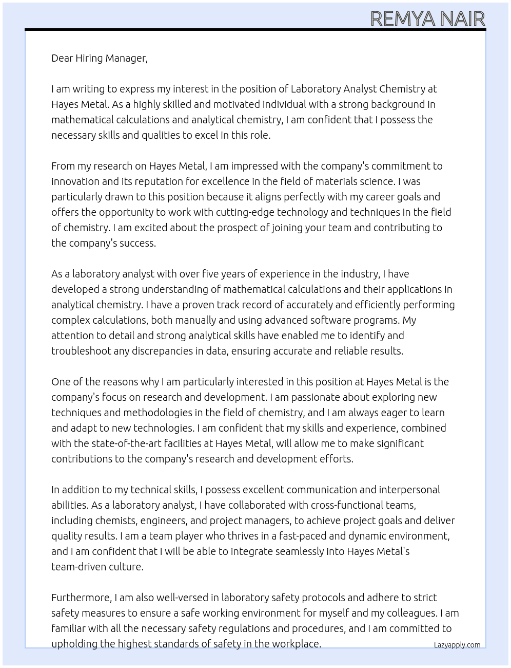 Laboratory analyst chemistry At Hayes metal Cover Letter