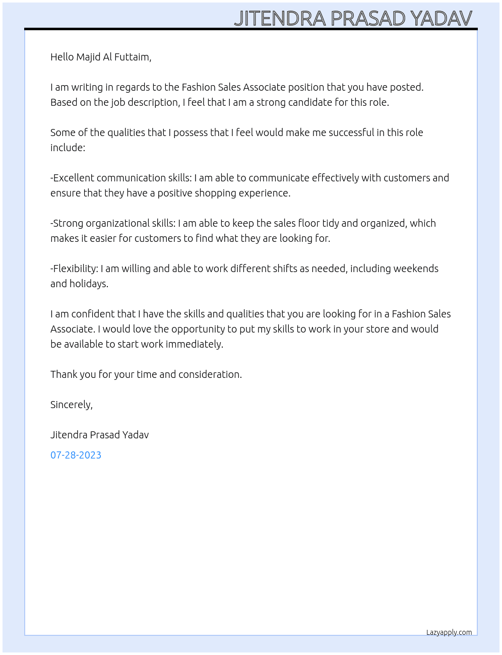 Fashion Sales Associate At Majid Al Futtaim Capital LLC Cover Letter
