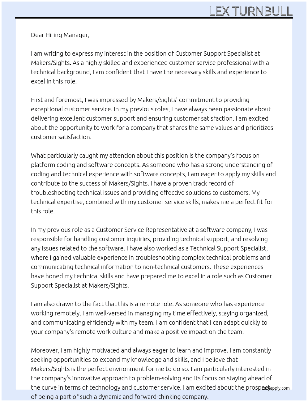 Customer Support Specialist At Makers/Sights Cover Letter