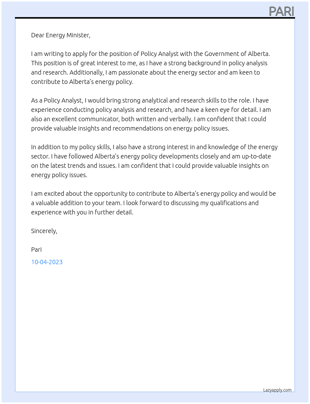 Policy Analyst At Government of Alberta Cover Letter