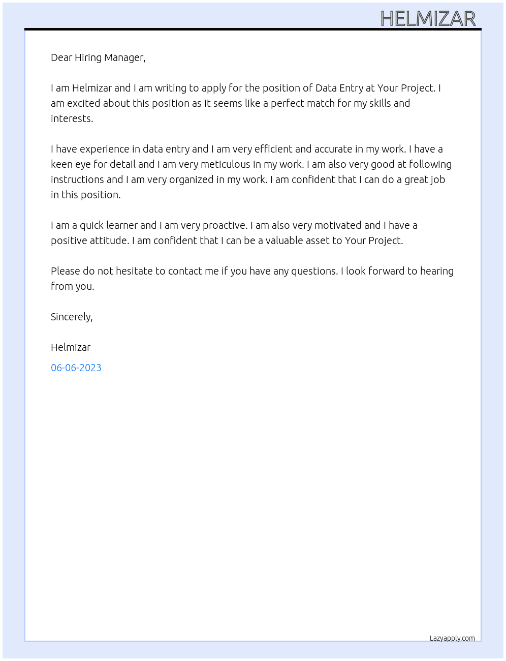 Data entry  At Your Project  Cover Letter
