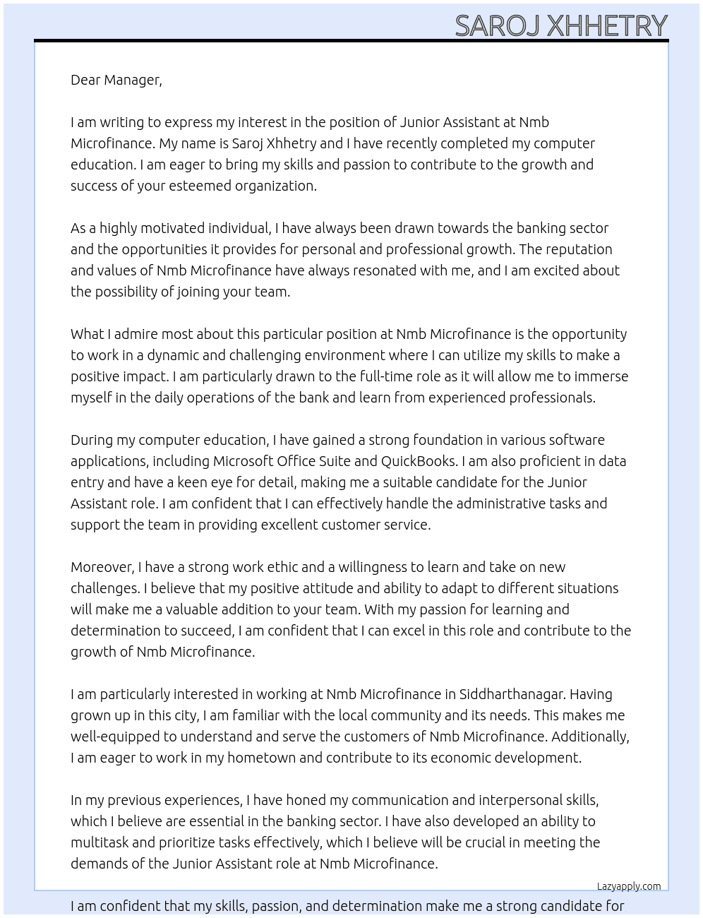 Junior assistant in bank At Nmb microfinance  Cover Letter