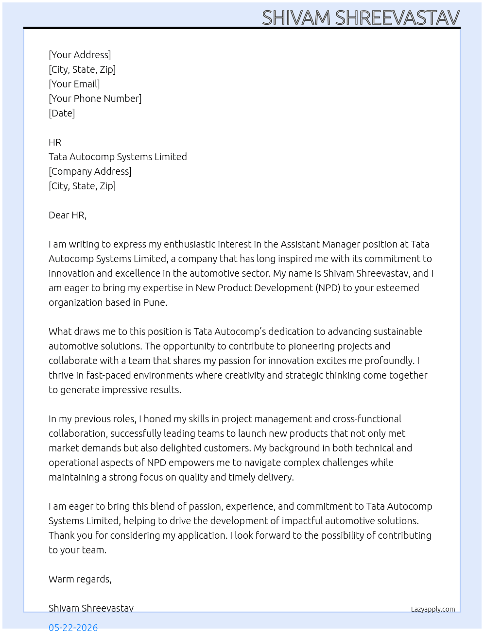 ASSISTANT MANAGER  At Tata Autocomp systems limited  Cover Letter