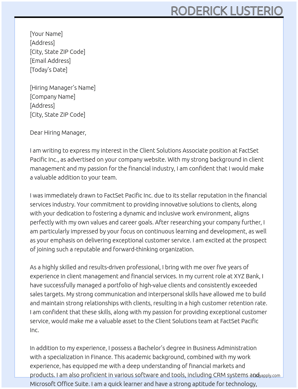 Client Solutions Associate At FactSet Pacific Inc. Cover Letter