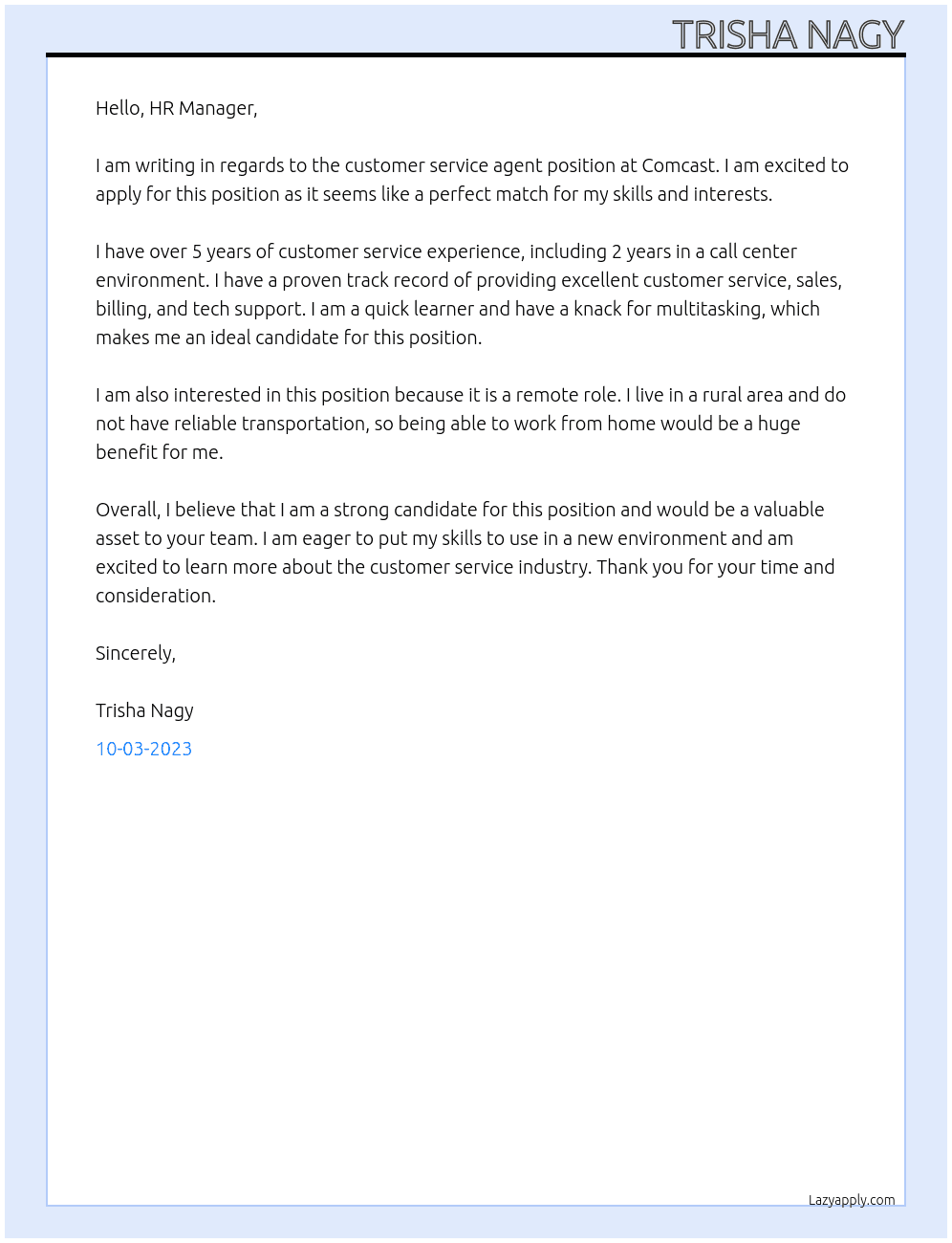 customer service agent At comcast Cover Letter