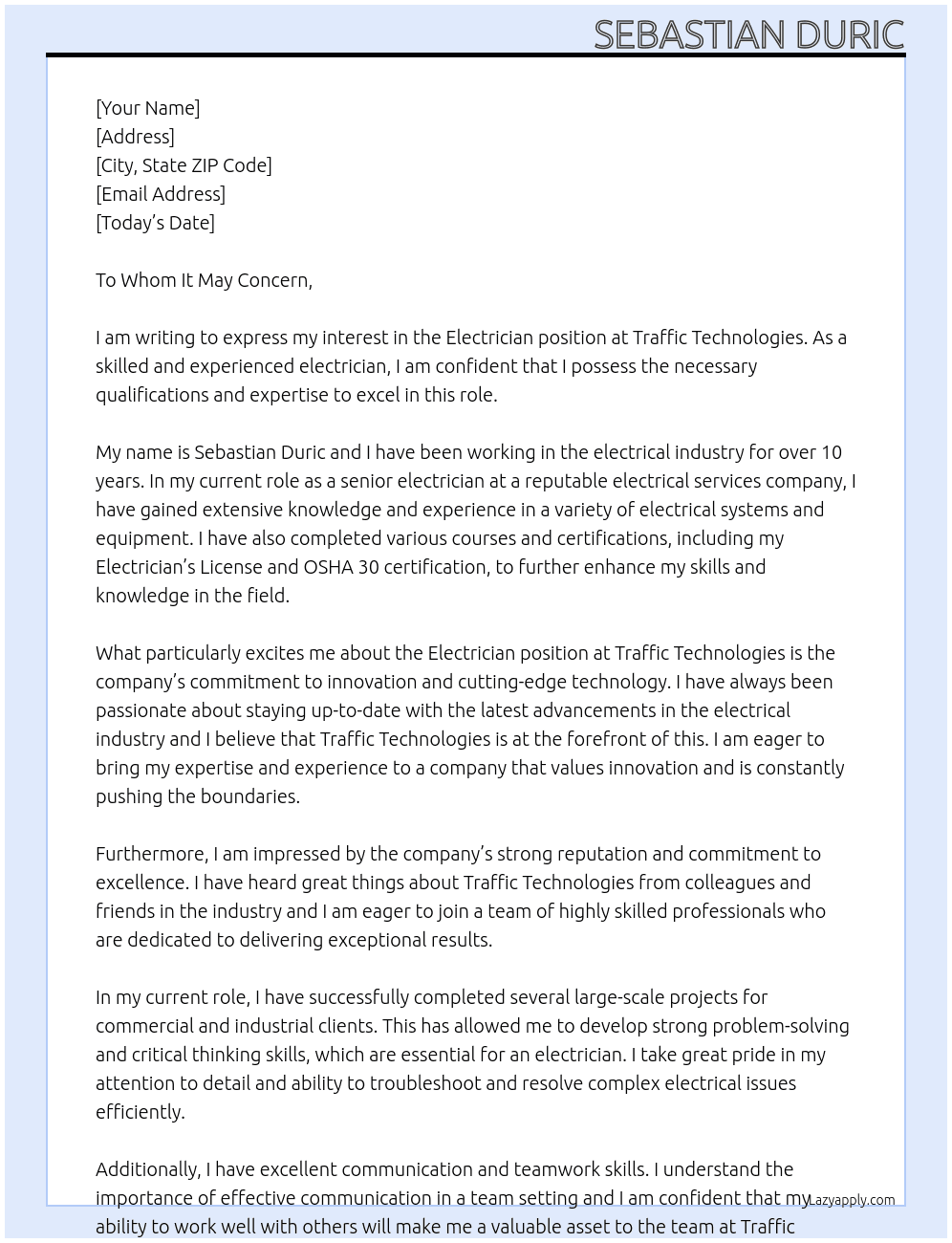 Electrician At Traffic Technologies Cover Letter