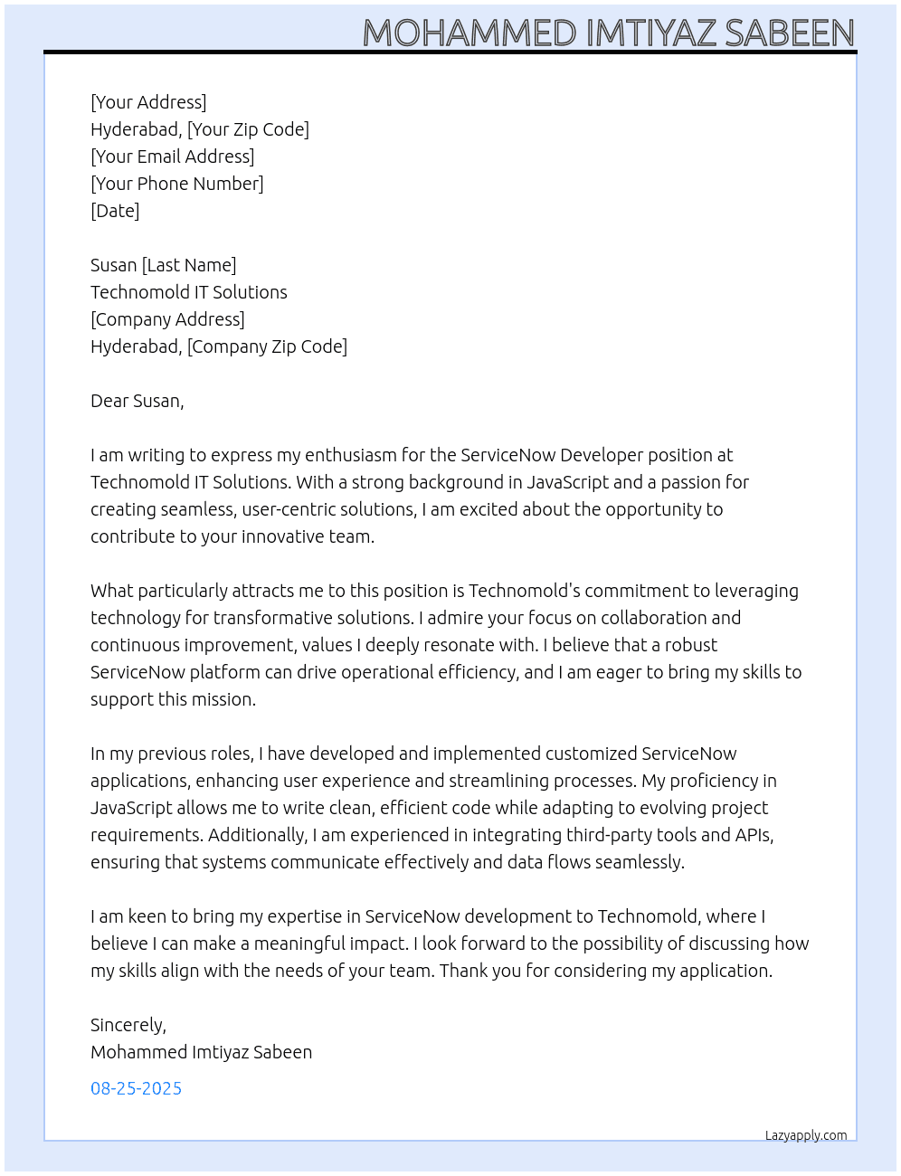 ServiceNow developer At Technomold IT solutions  Cover Letter