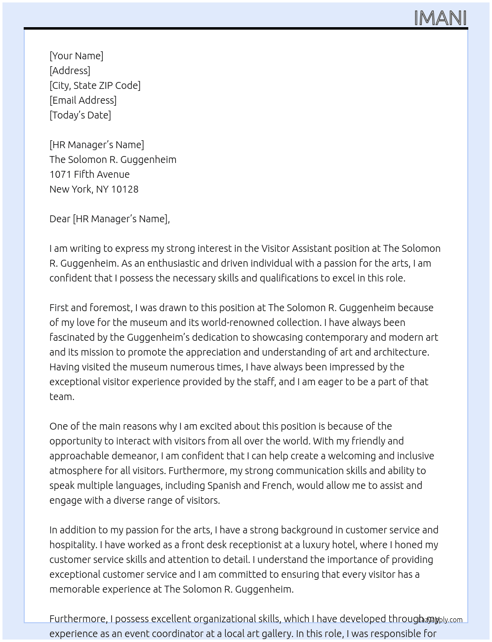 Visitor assistant At The Solomon R. Guggenheim  Cover Letter