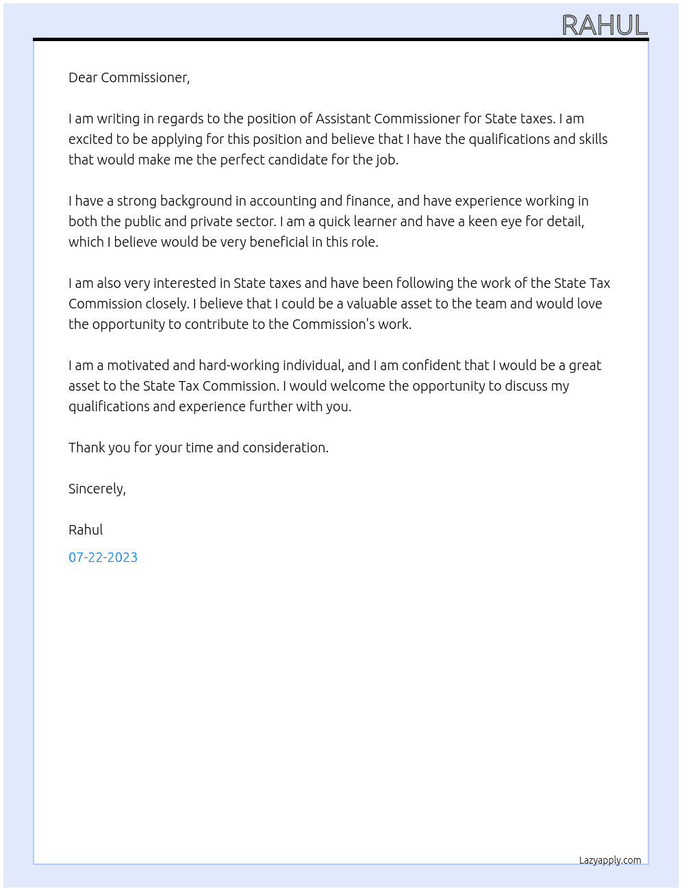 Assistant At State taxes Cover Letter