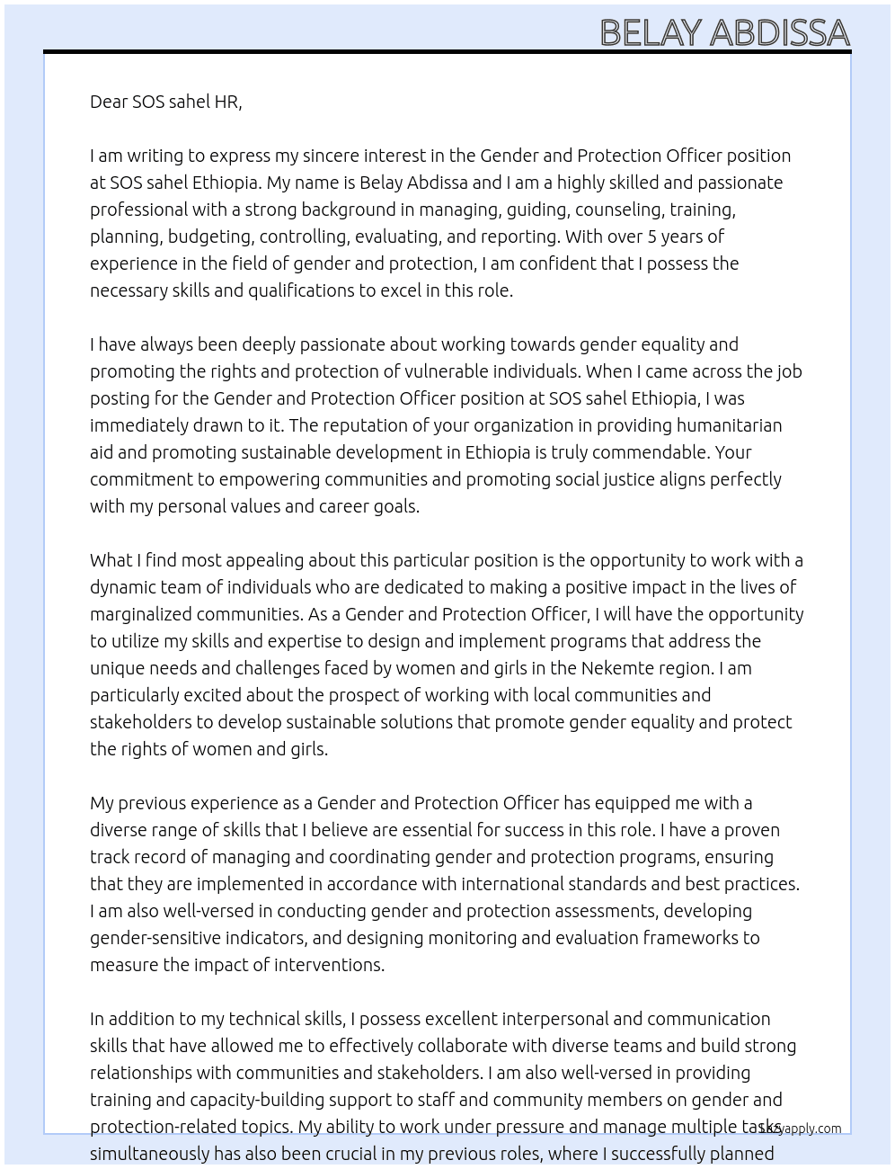 Gender and Protection officer At SOS sahel Ethiopia Cover Letter