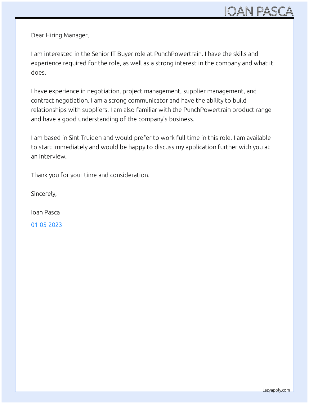 Senior IT Buyer At PunchPowertrain Cover Letter