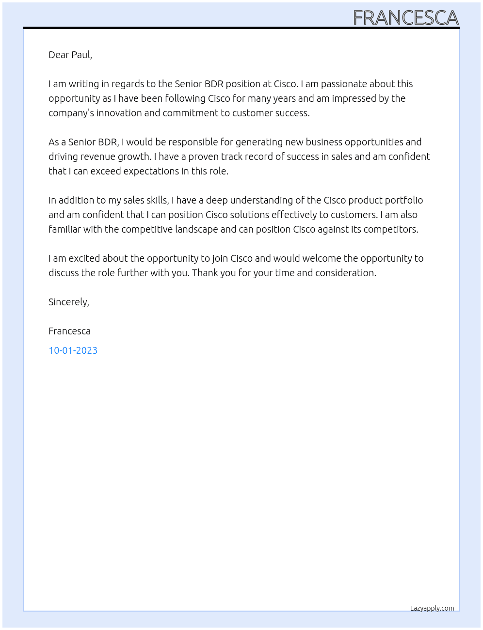 Senior BDR At Cisco Cover Letter