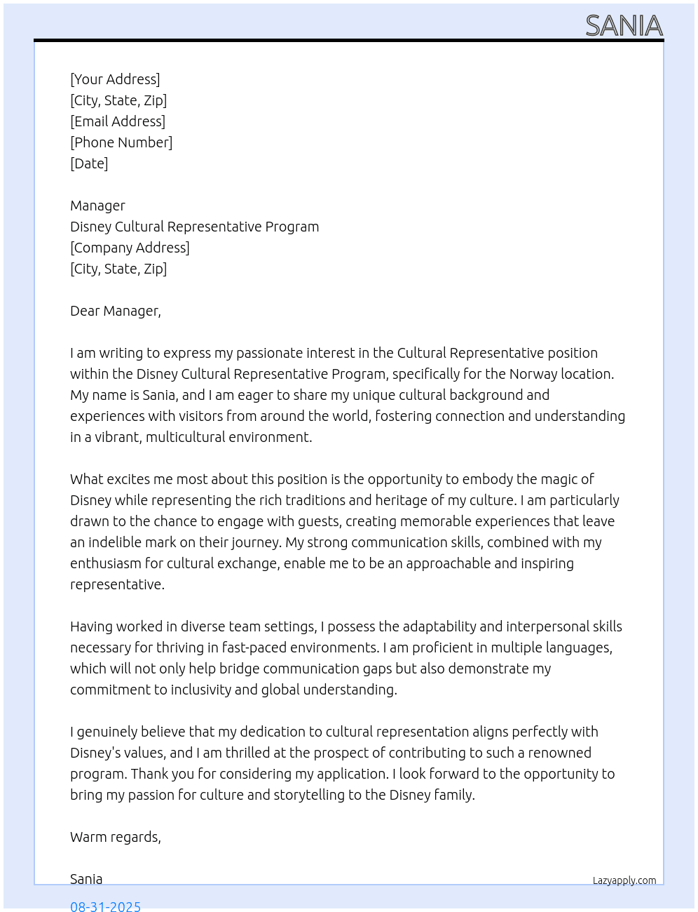 Cultural representative  At Disney Cultural representative program  Cover Letter