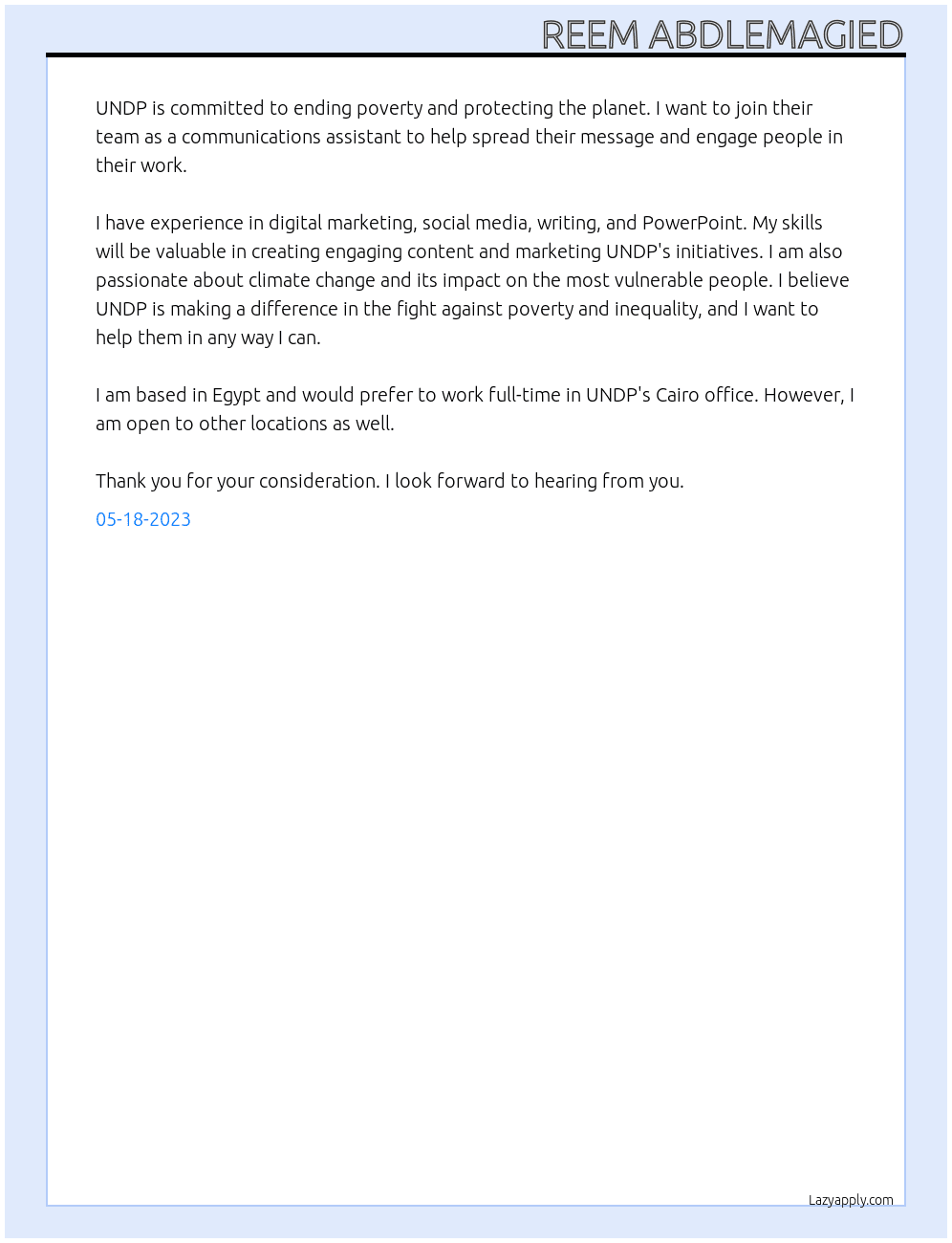 Communication Assistant At UNDP Cover Letter