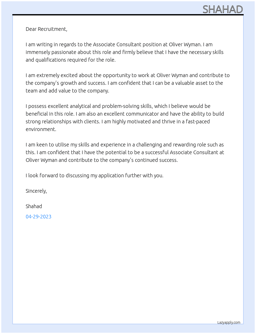 Associate Consultant At Oliver Wyman Cover Letter