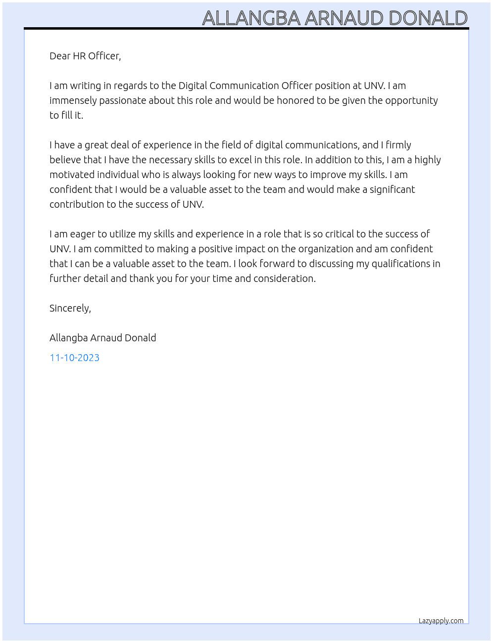 Digital Communication Officer At UNV Cover Letter