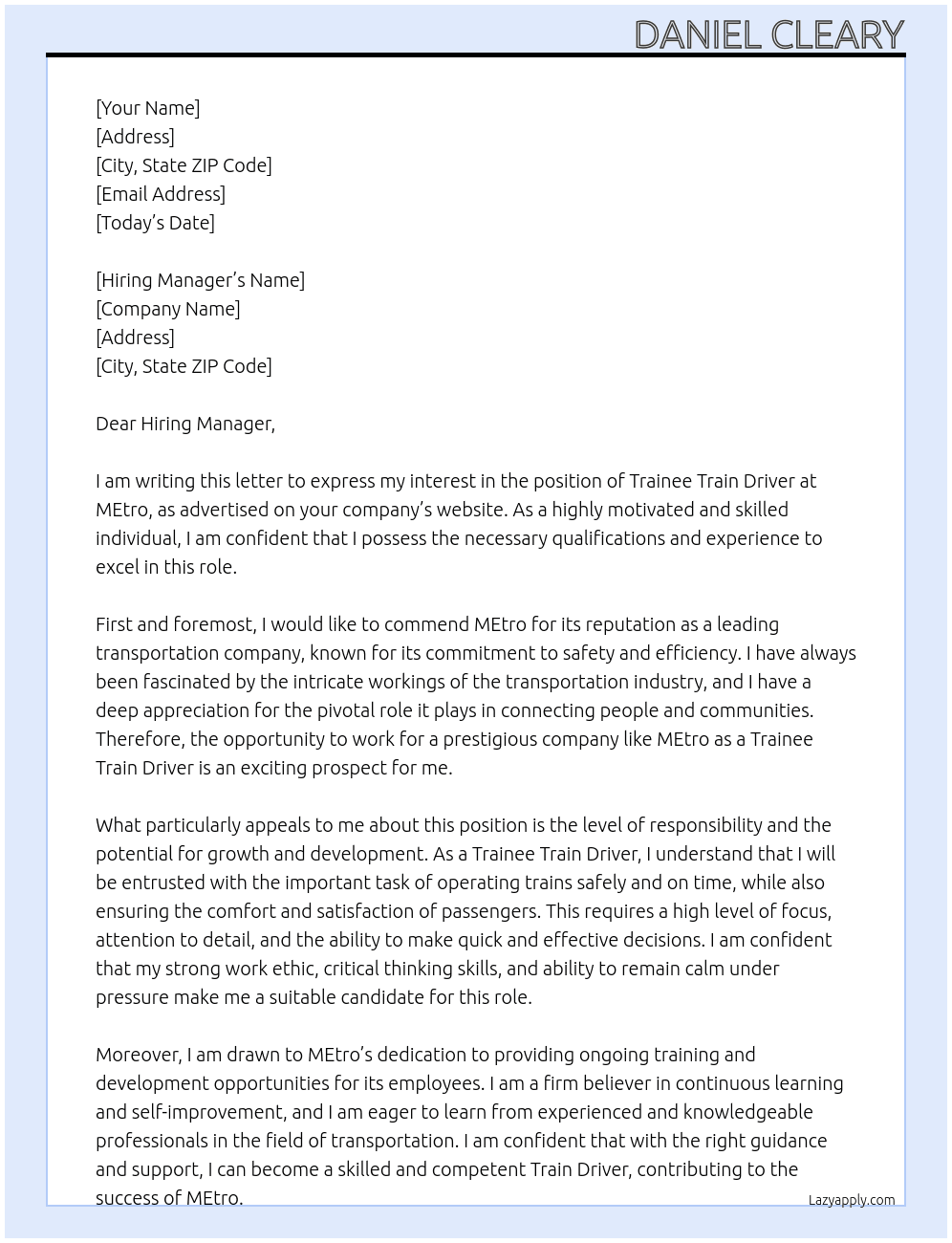 Trainee Train Driver At MEtro Cover Letter