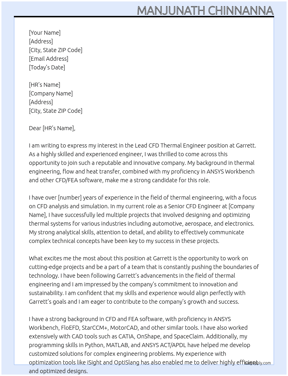lead cfd thermal engineer At GARRETT Cover Letter