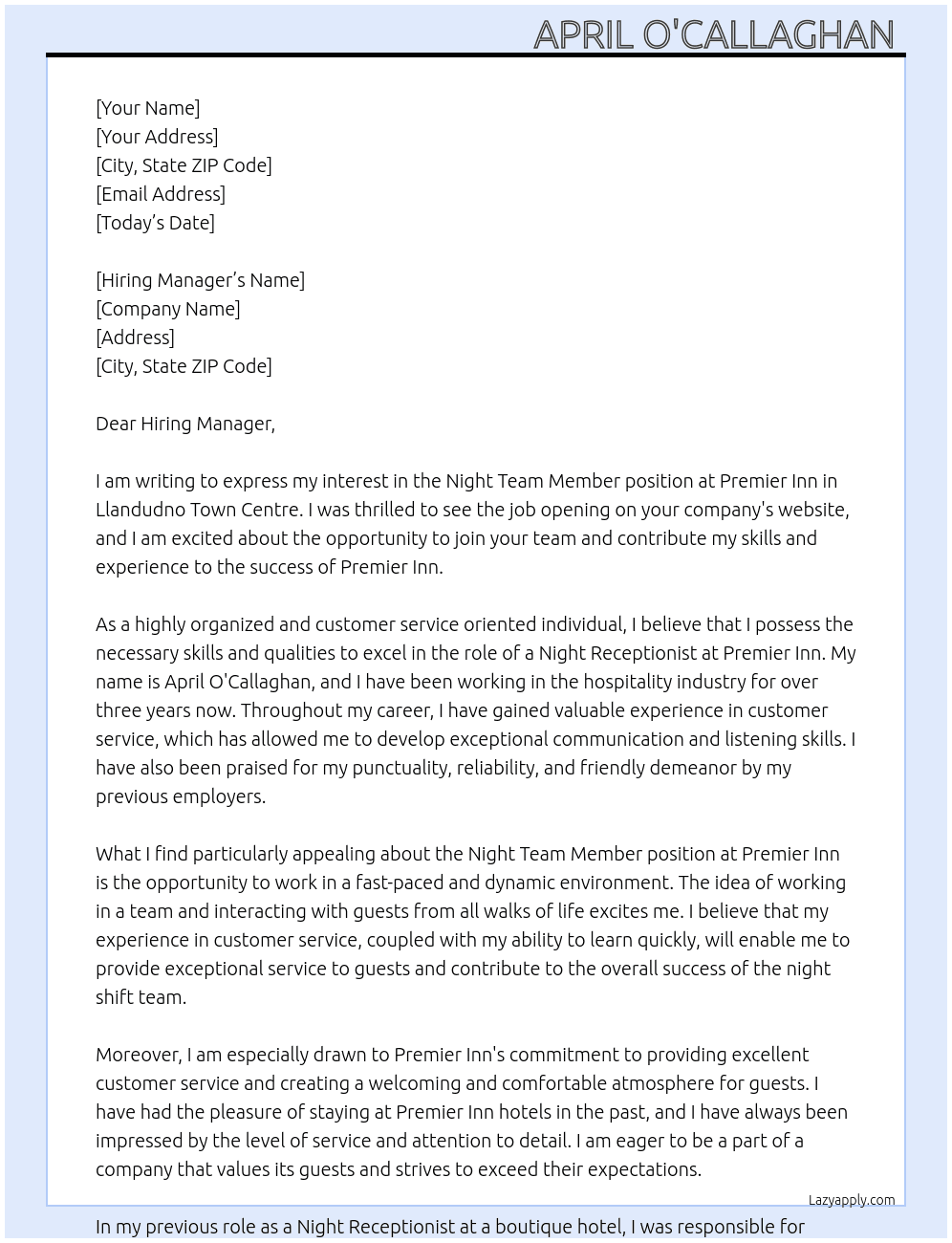 Night team member  At Premier Inn  Cover Letter