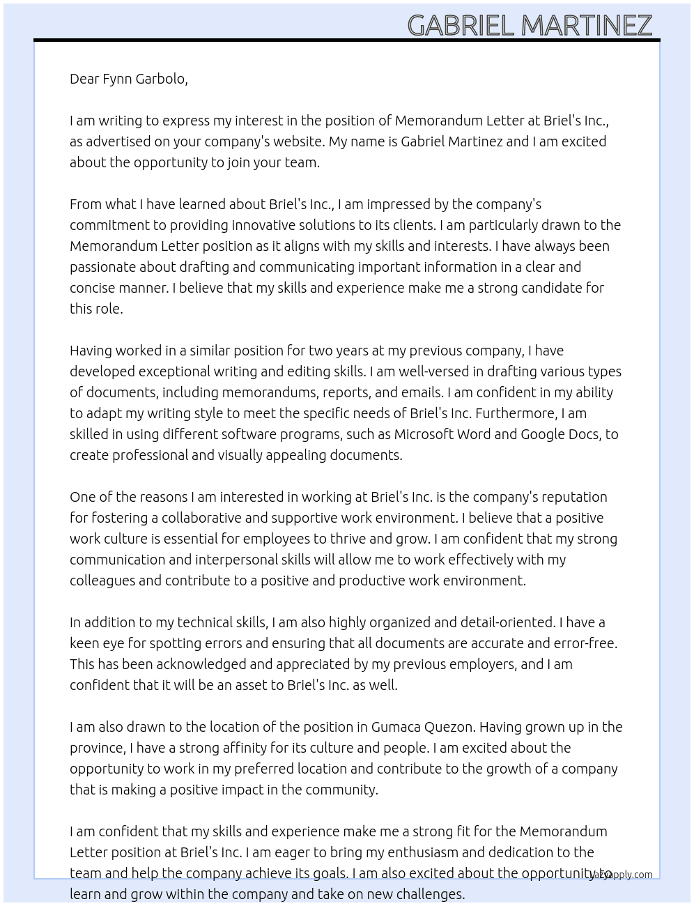 Memorandum letter  At Briel's inc. Cover Letter