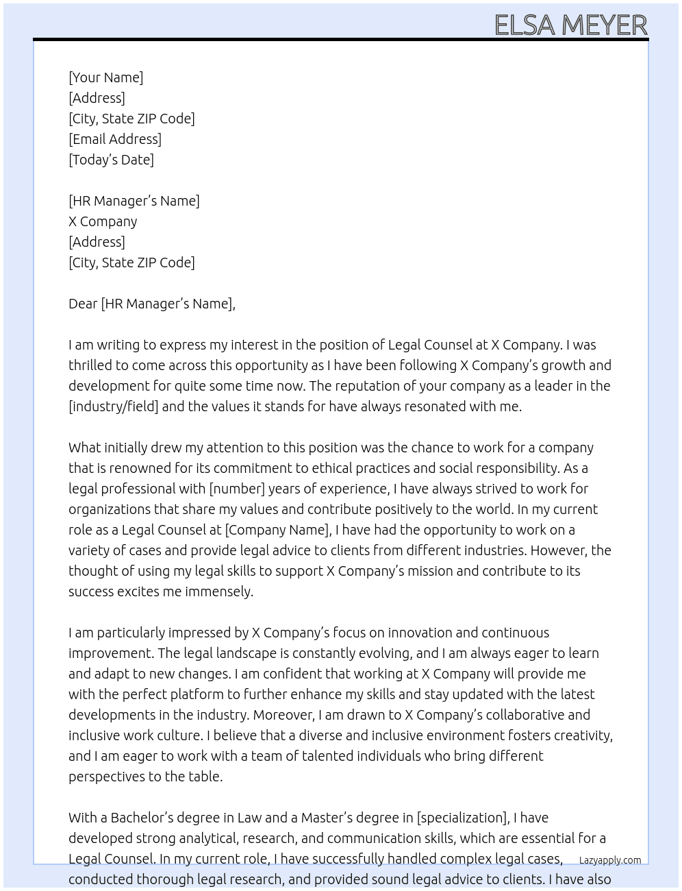 Legal Counsel At X Cover Letter