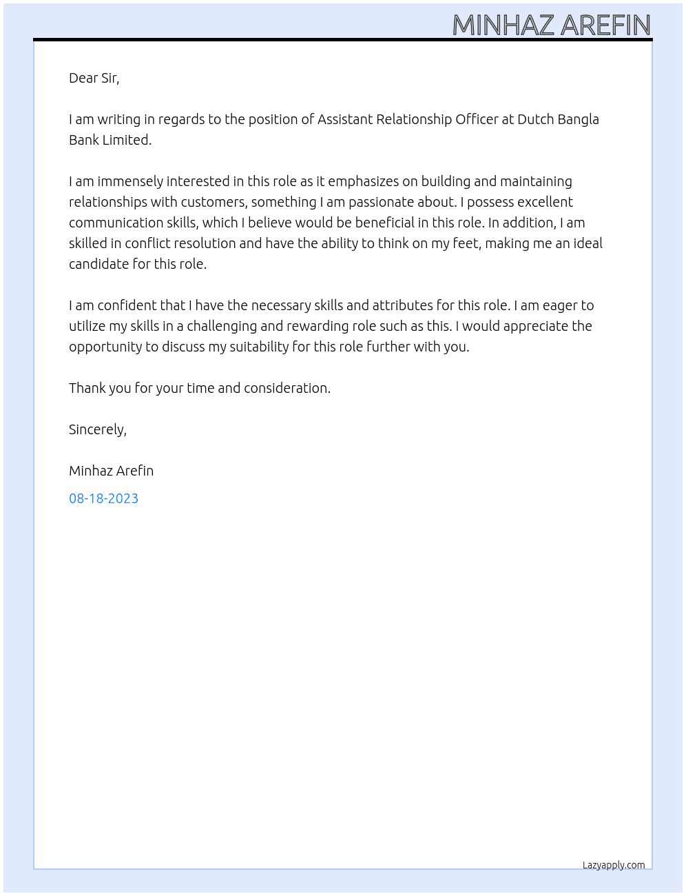 Assistant Relationship Officer At  Dutch Bangla Bank Limited: Cover Letter