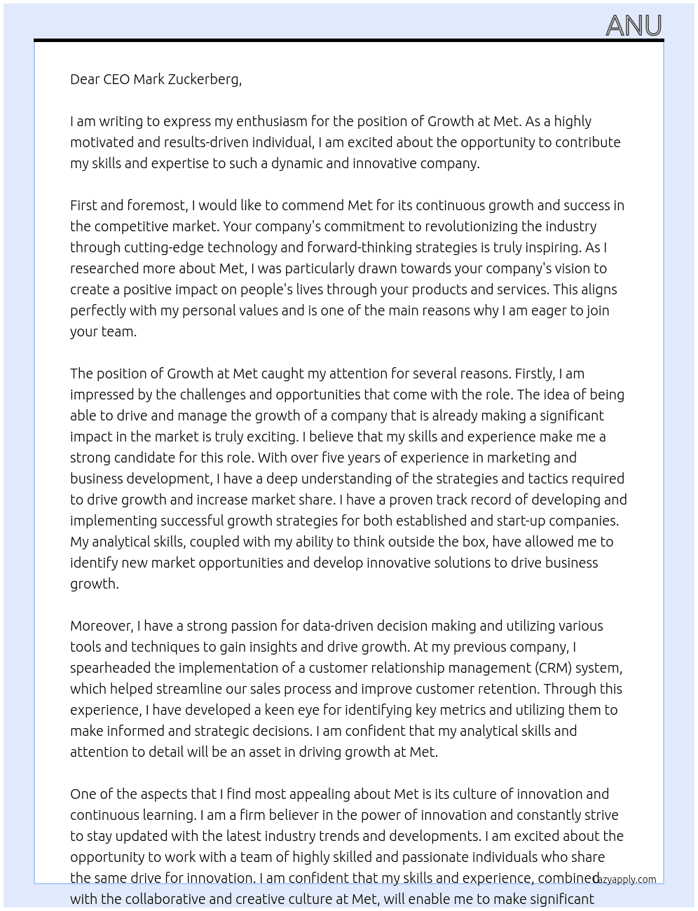 Growth At Met Cover Letter