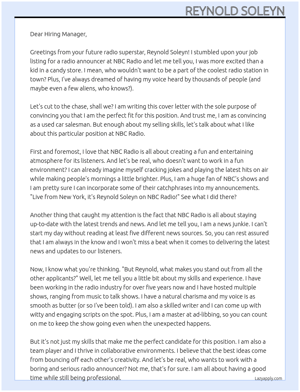 radio announcer At NBC Radio Cover Letter