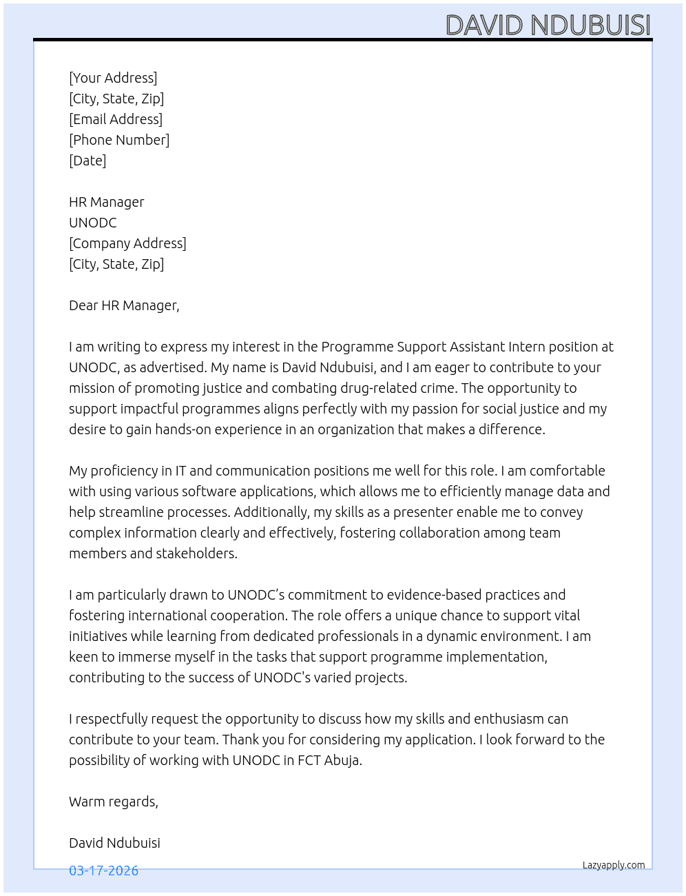 programme support assistant intern At UNODC Cover Letter