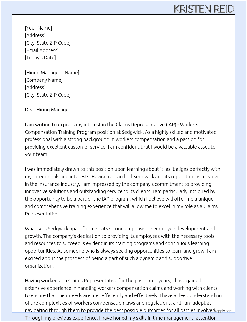 Claims Representative (IAP) - Workers Compensation Training Program  At Sedgwick Cover Letter