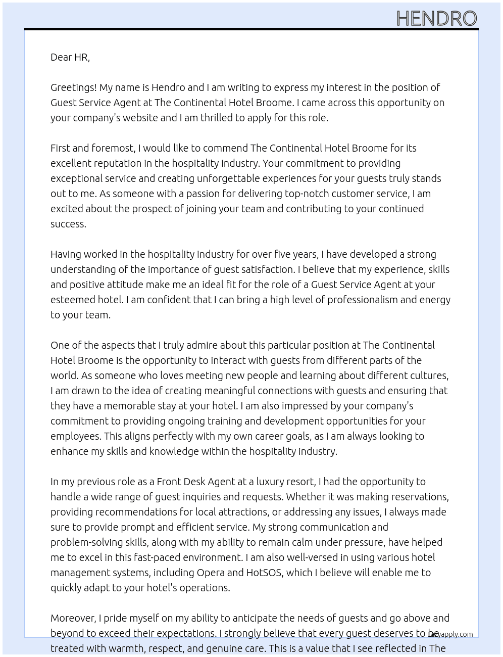 Guest Service Agent At The Continental Hotel Broome Cover Letter