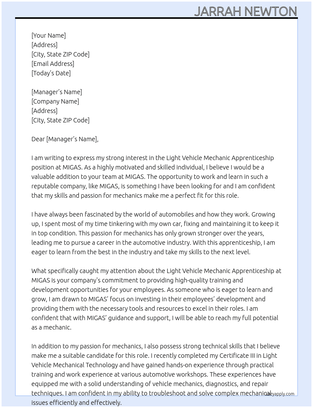 Light Vehicle Mechanic Apprenticeship At MIGAS Cover Letter