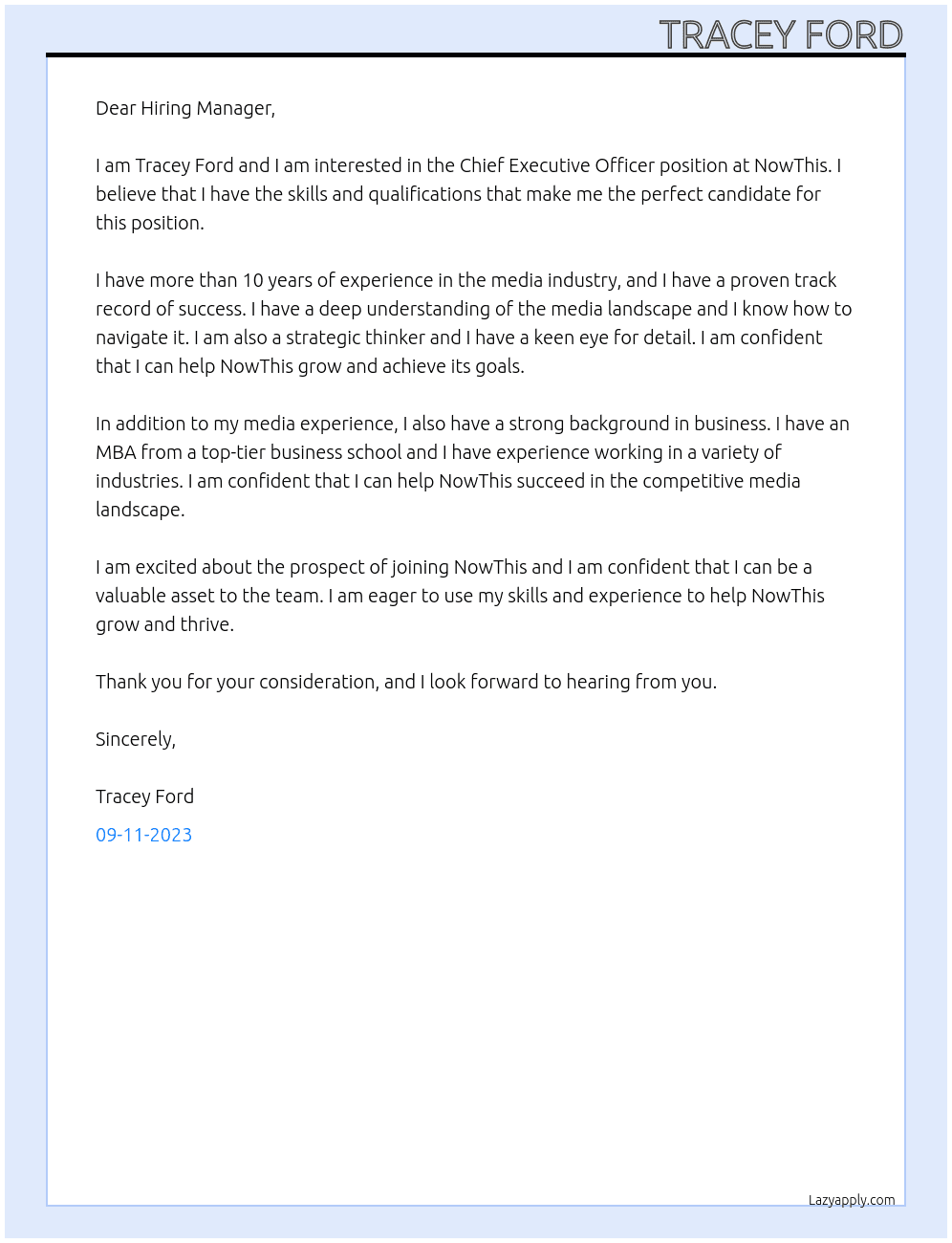 Chief Executive Officer At NowThis Cover Letter