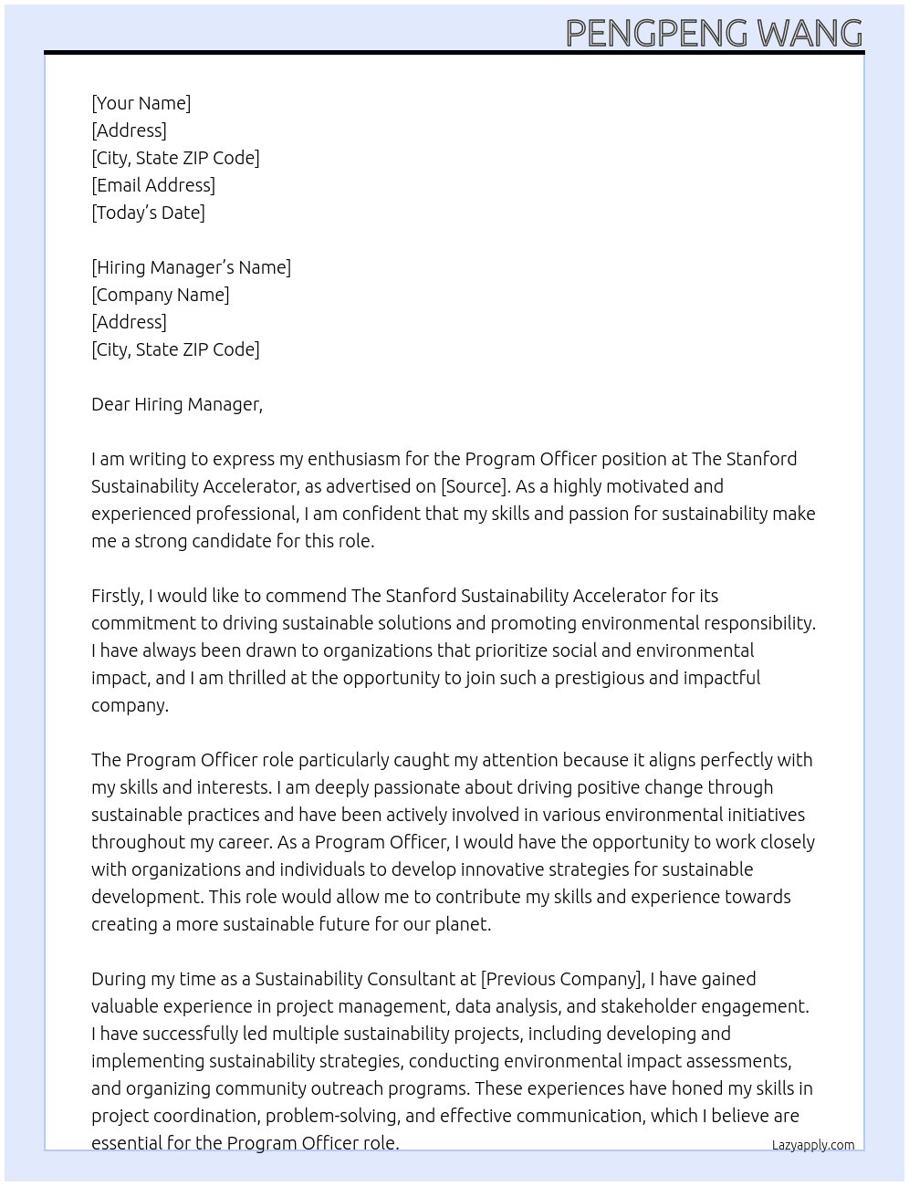 Program Officer At The Stanford Sustainability Accelerator  Cover Letter