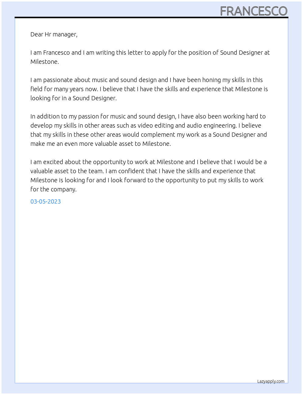 Sound Designer At Milestone Cover Letter