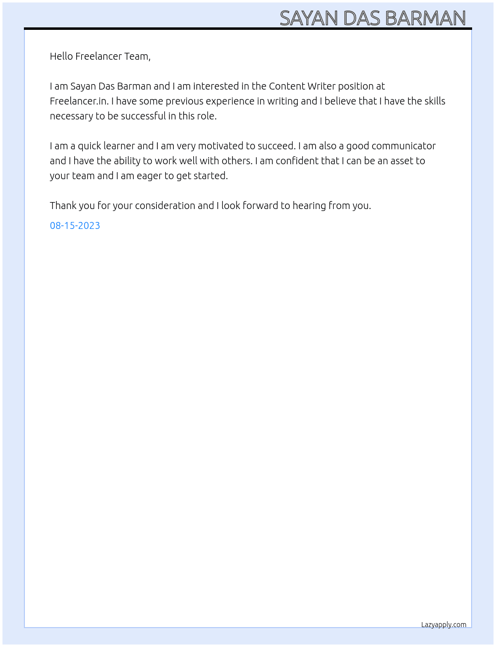 Content Writer At Freelancer.in Cover Letter