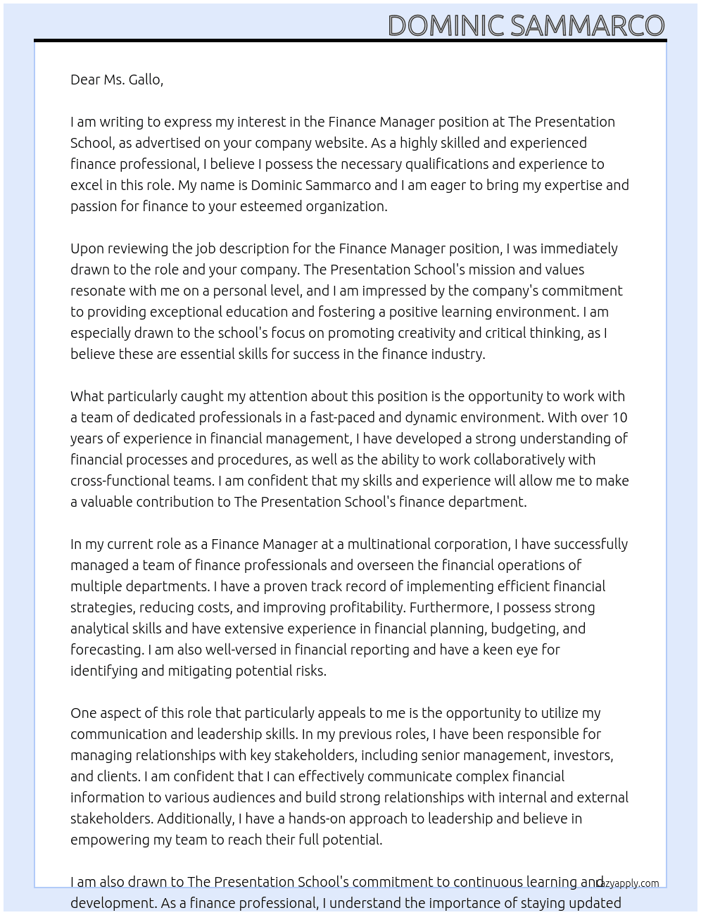 Finance Manager At The Presentation School Cover Letter
