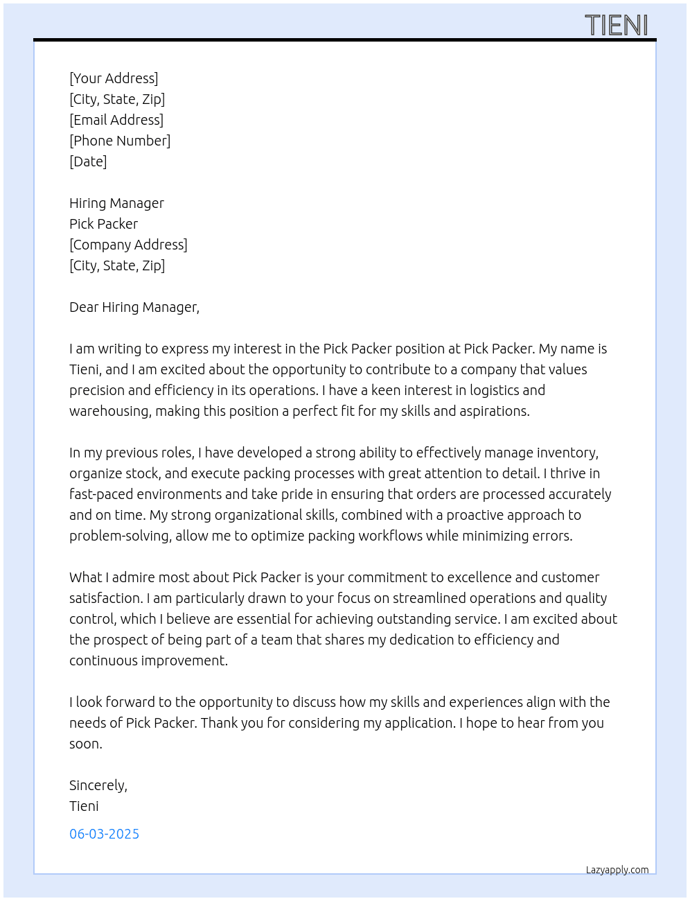 pick packer At Pick Packer Cover Letter