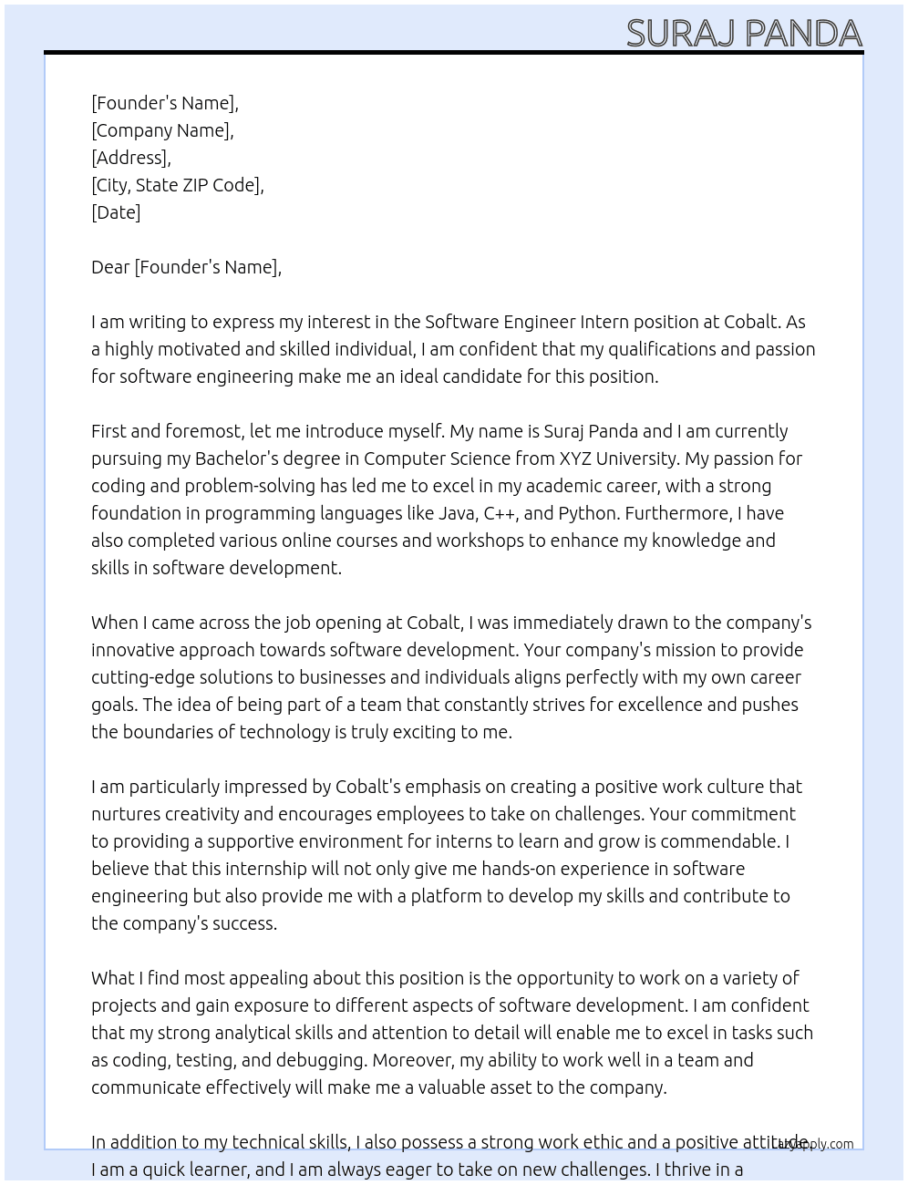 Software Engineer Intern  At Cobalt Cover Letter